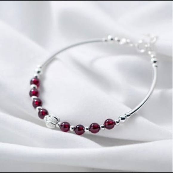 Solid sterling silver Simple Natural Red Garnet 925 Silver Bracelet E8-2332 - Picture 5 of 6